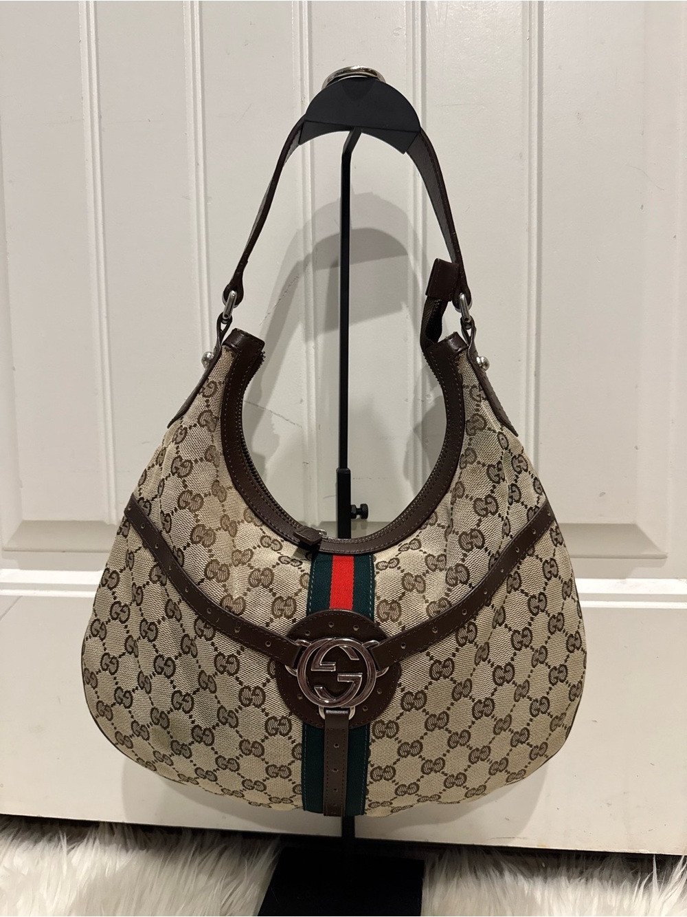 Gucci Beige Brown GG Canvas Hobo with Green-Red Web Stripe